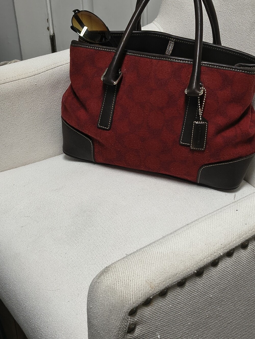 Coach Hamptons Weekend Signature Suede Tote Bag Red Brown Leather Excellent Cond - Picture 14 of 15